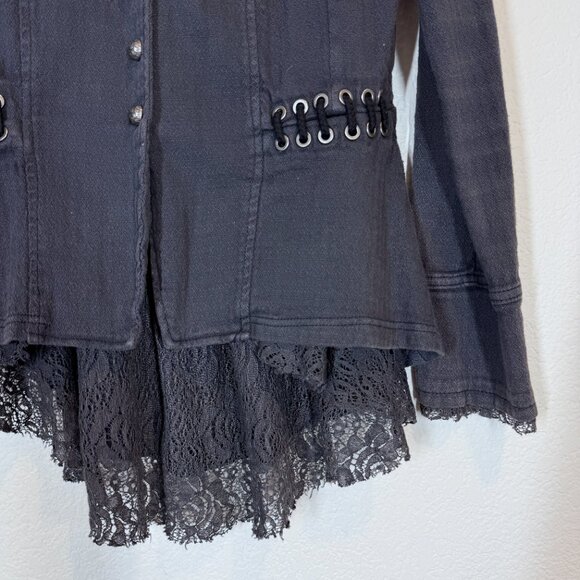 Free People Victorian Lace Up Military Jacket Corset Gray Ruffle Plum Steampunk - Picture 8 of 13